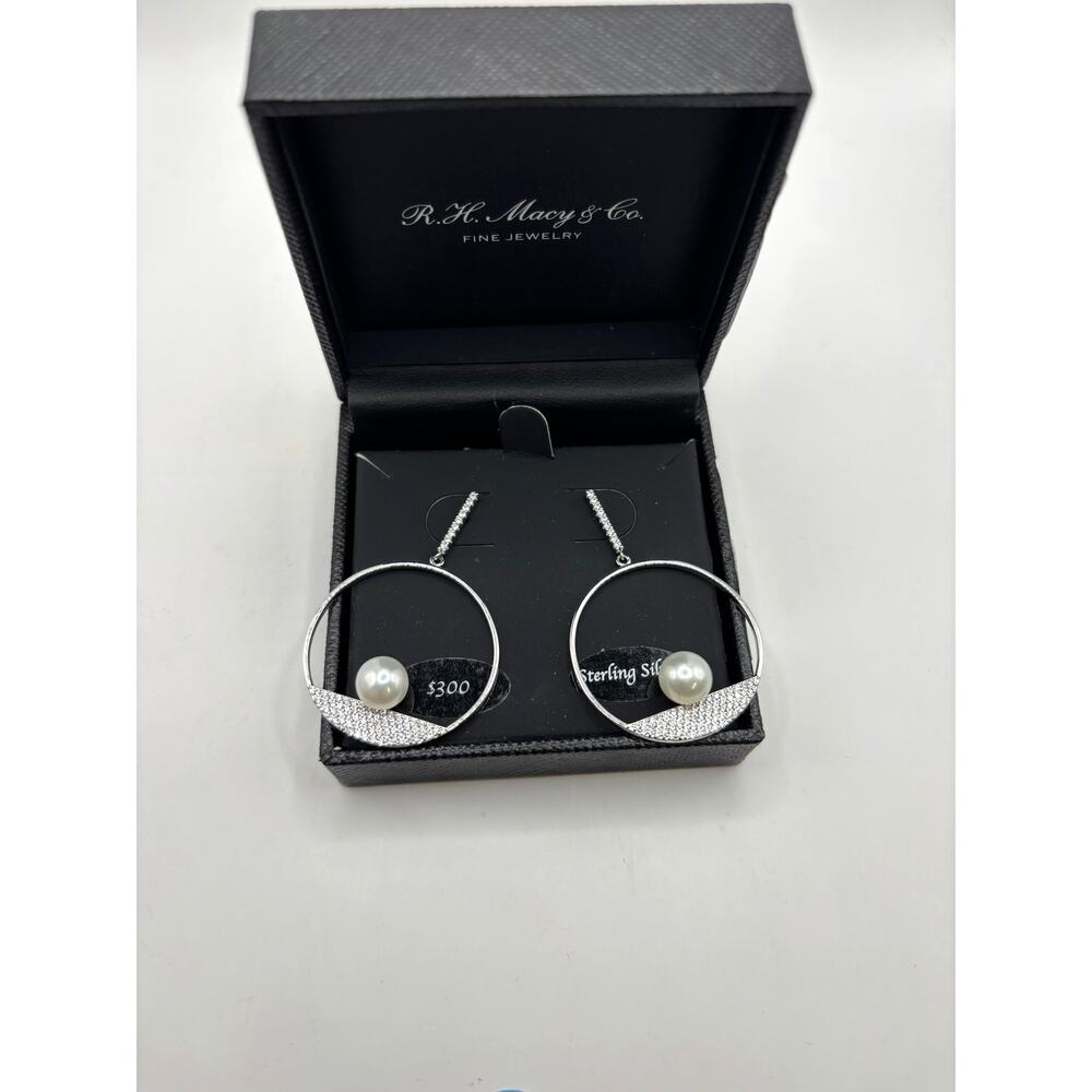 Macy's Fine Jewelry Sterling Silver Pearl CZ Hoop Drop Earrings NWT